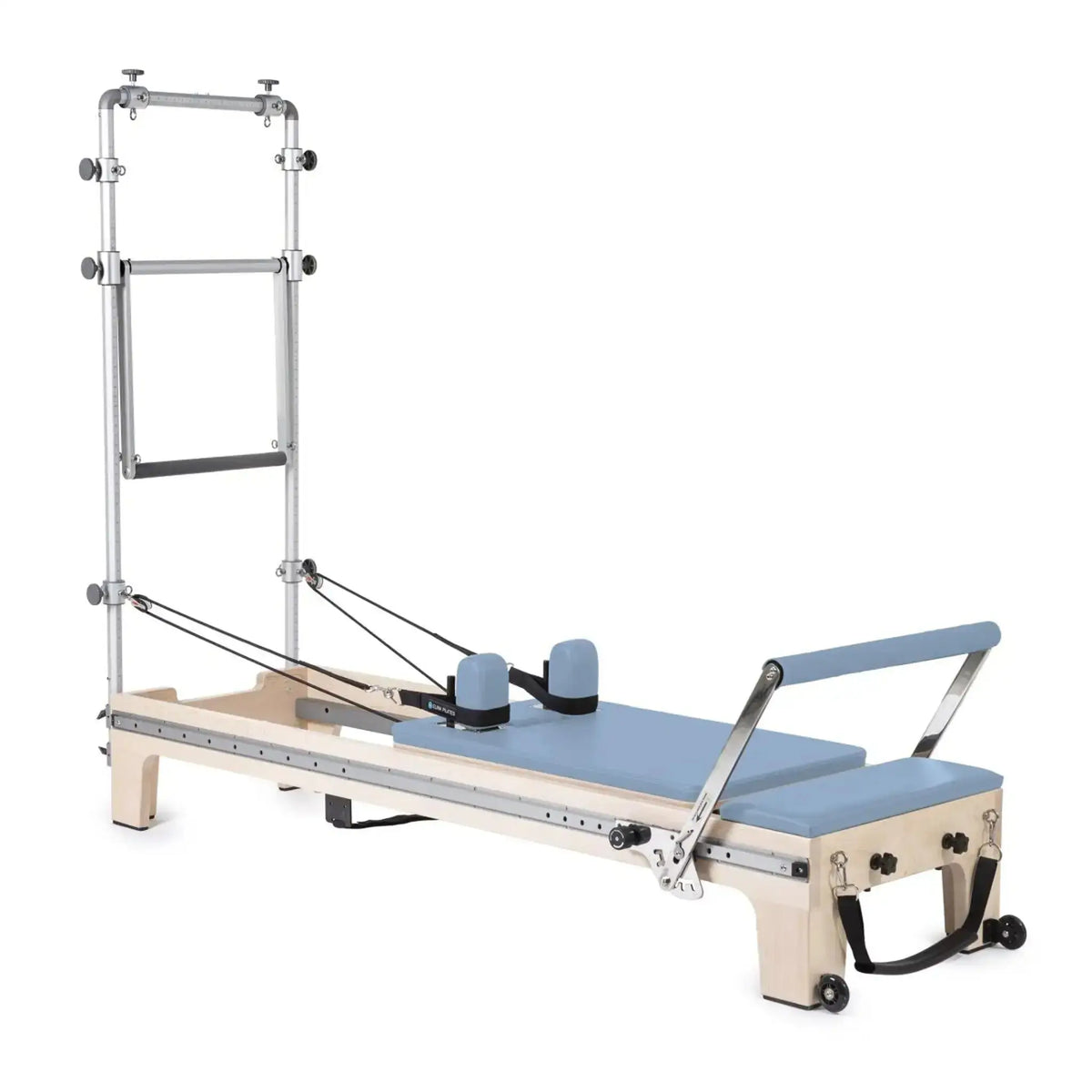 Elina Pilates Master Instructor Reformer mit Tower aus Ahornholz mit Polstern in Ozeanblau, Seitenansicht