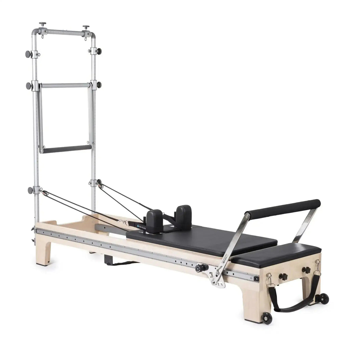 Elina Pilates Master Instructor Reformer mit Tower aus Ahornholz mit schwarzen Polstern, Seitenansicht