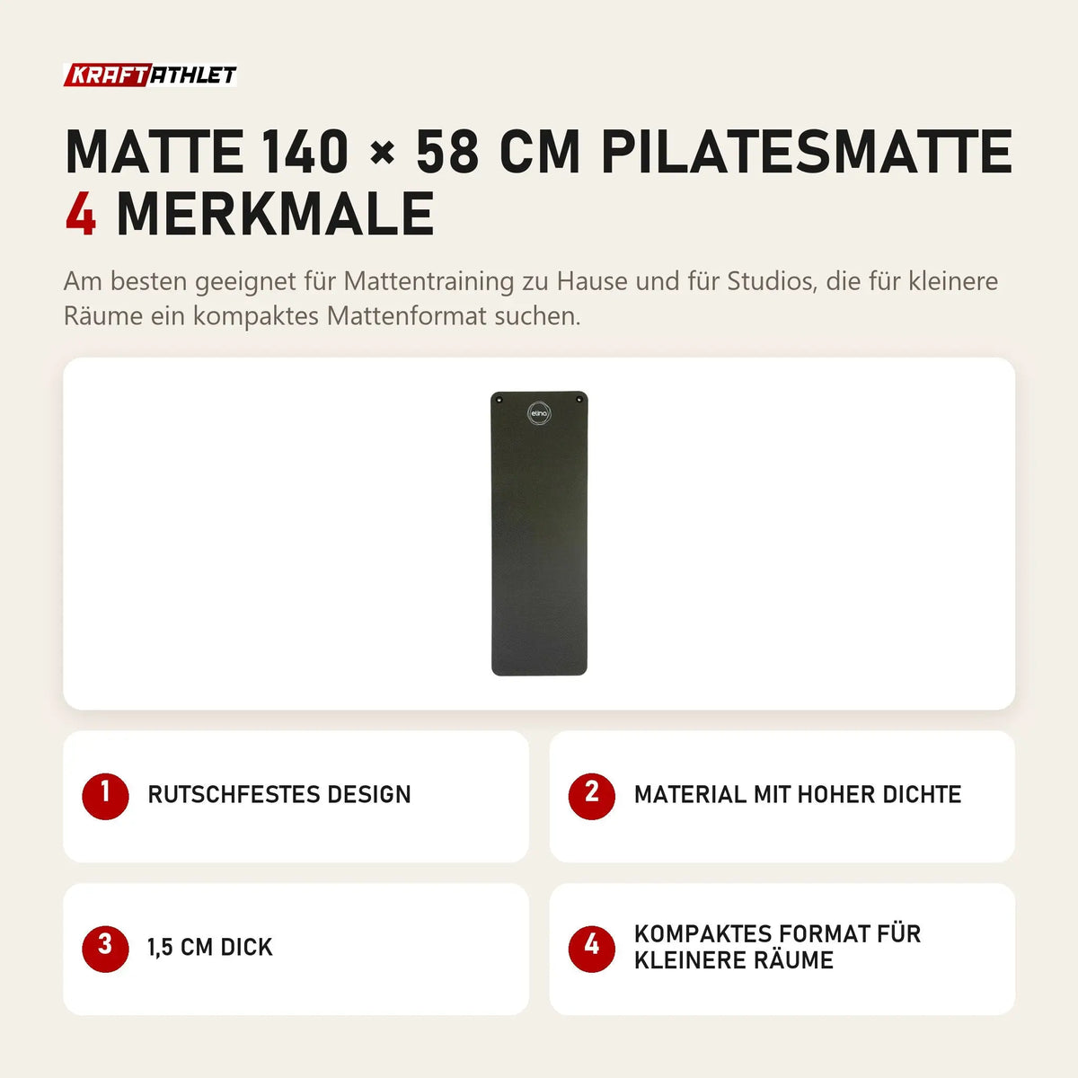 Elina Pilates Matte 140 × 58 cm Pilatesmatte mit 4 Merkmalen: Rutschfestes Design, Material mit hoher Dichte, 1,5 cm dick, Kompaktes Format für kleinere Räume