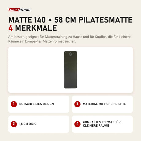 Elina Pilates Matte 140 × 58 cm Pilatesmatte mit 4 Merkmalen: Rutschfestes Design, Material mit hoher Dichte, 1,5 cm dick, Kompaktes Format für kleinere Räume