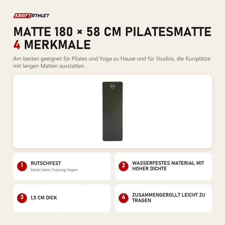 Elina Pilates Matte 180 × 58 cm Pilatesmatte mit 4 Merkmalen: Rutschfest, Wasserfestes Material mit hoher Dichte, 1,5 cm dick, Zusammengerollt leicht zu tragen