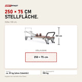 Maßbild Elina Pilates Mentor Reformer aus Aluminium: Stellfläche 250 × 75 cm, Höhe 100 cm
