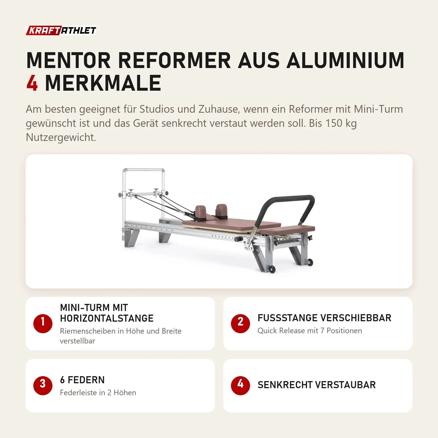 Elina Pilates Mentor Reformer aus Aluminium mit 4 Merkmalen: Mini-Turm mit Horizontalstange, Fußstange verschiebbar, 6 Federn, Senkrecht verstaubar