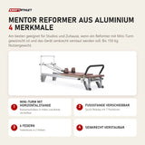 Elina Pilates Mentor Reformer aus Aluminium mit 4 Merkmalen: Mini-Turm mit Horizontalstange, Fußstange verschiebbar, 6 Federn, Senkrecht verstaubar