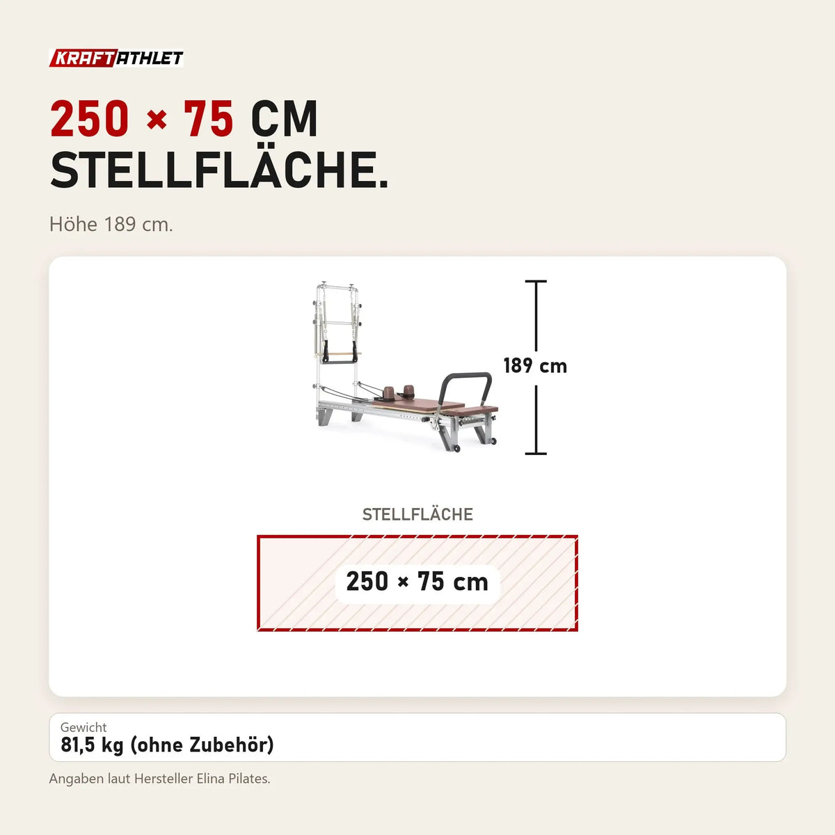 Maßbild Elina Pilates Mentor Reformer mit Tower aus Aluminium: Stellfläche 250 × 75 cm, Höhe 189 cm