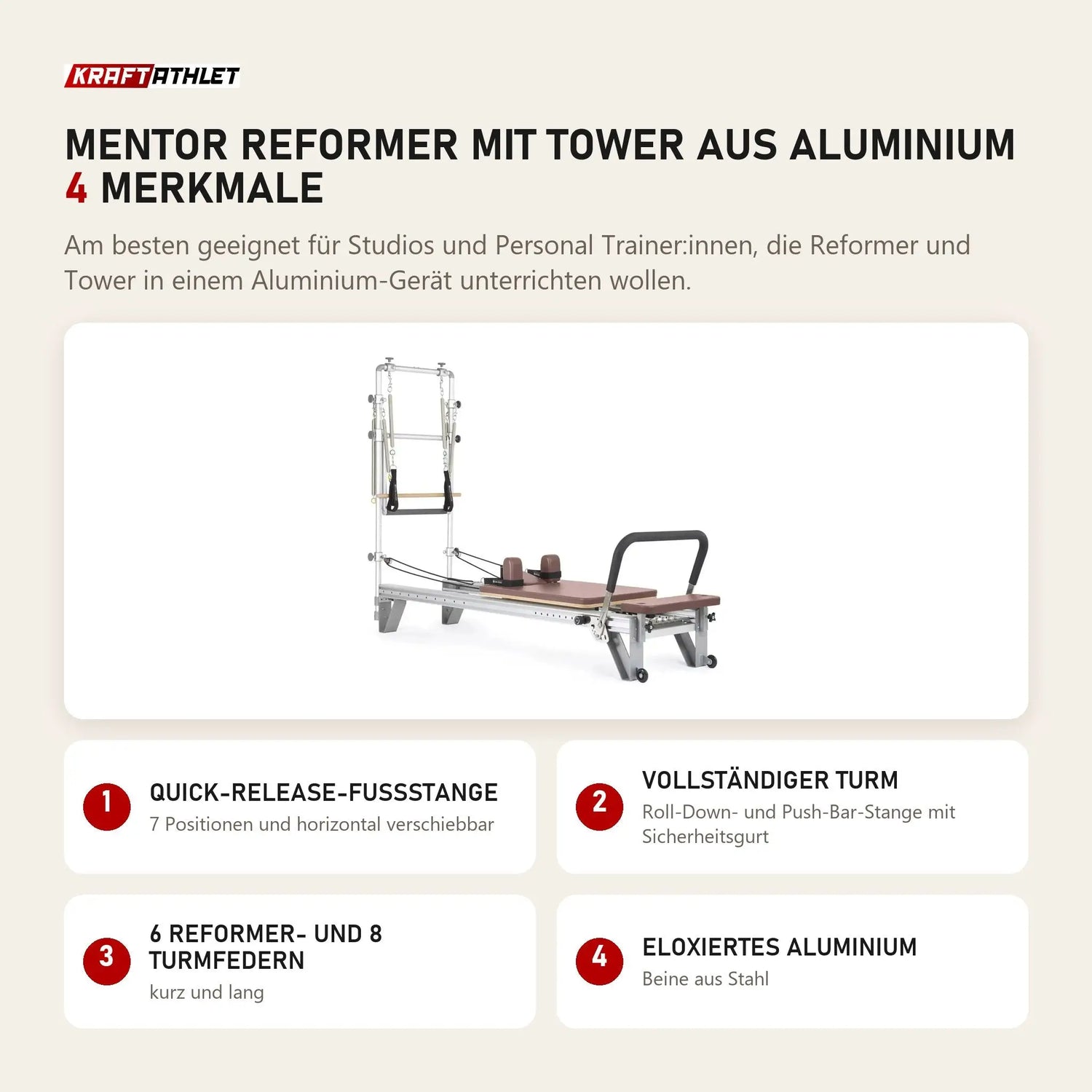 Elina Pilates Mentor Reformer mit Tower aus Aluminium mit 4 Merkmalen: Quick-Release-Fußstange, Vollständiger Turm, 6 Reformer- und 8 Turmfedern, Eloxiertes Aluminium