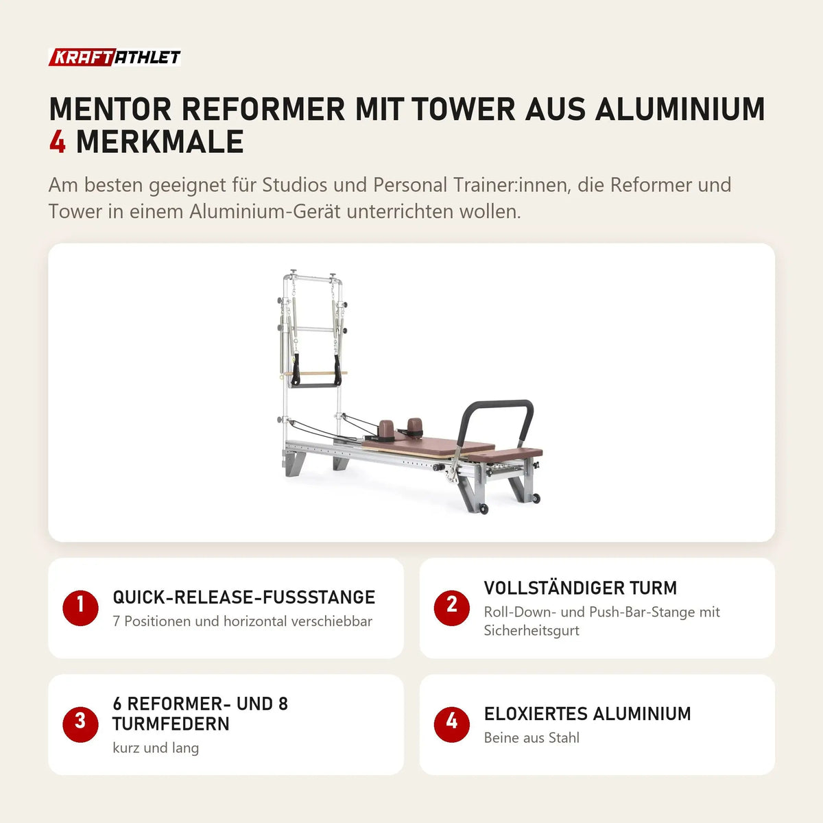 Elina Pilates Mentor Reformer mit Tower aus Aluminium mit 4 Merkmalen: Quick-Release-Fußstange, Vollständiger Turm, 6 Reformer- und 8 Turmfedern, Eloxiertes Aluminium