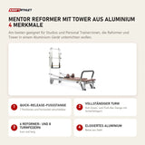 Elina Pilates Mentor Reformer mit Tower aus Aluminium mit 4 Merkmalen: Quick-Release-Fußstange, Vollständiger Turm, 6 Reformer- und 8 Turmfedern, Eloxiertes Aluminium