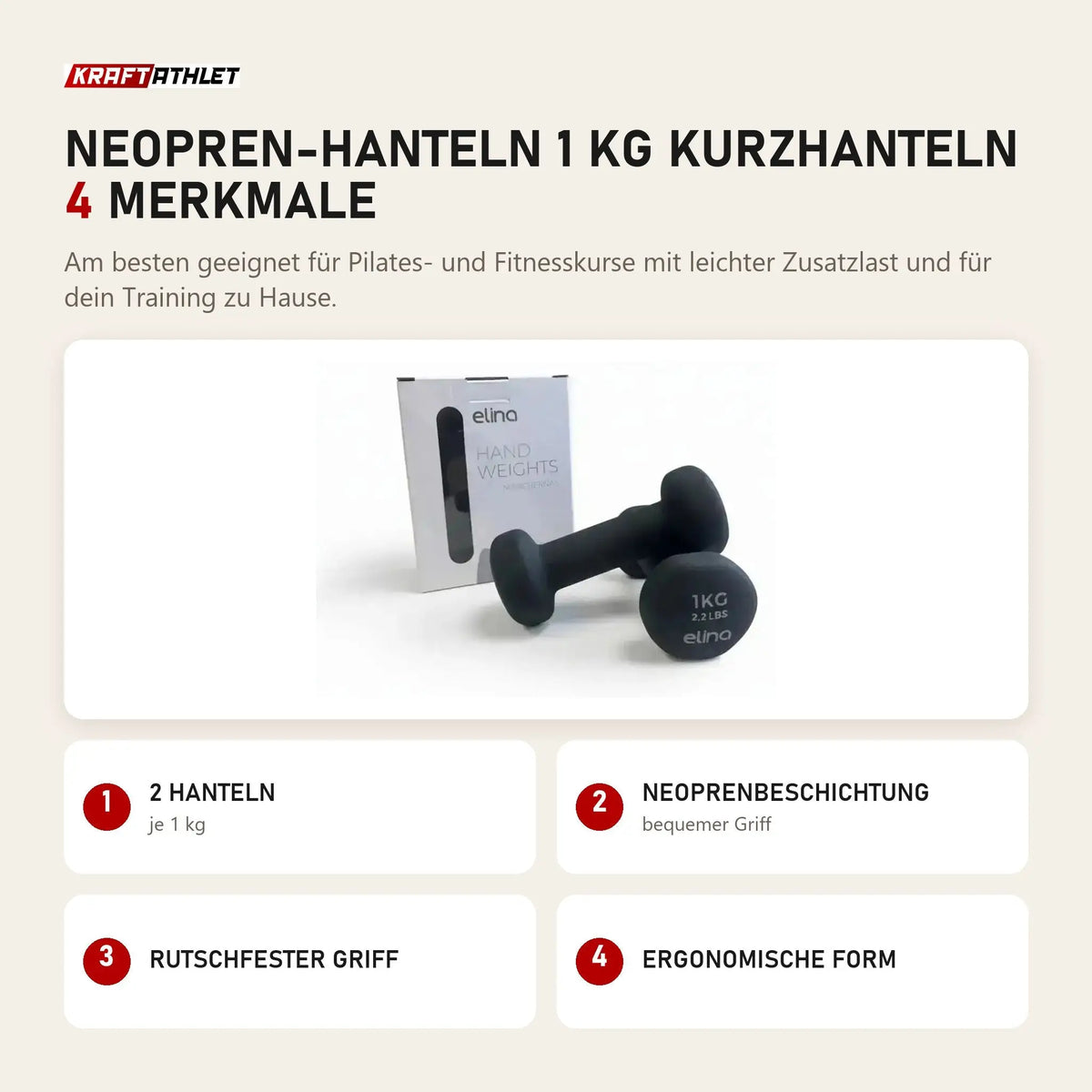 Elina Pilates Neopren-Hanteln 1 kg Kurzhanteln mit 4 Merkmalen: 2 Hanteln, Neoprenbeschichtung, Rutschfester Griff, Ergonomische Form