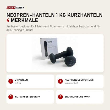 Elina Pilates Neopren-Hanteln 1 kg Kurzhanteln mit 4 Merkmalen: 2 Hanteln, Neoprenbeschichtung, Rutschfester Griff, Ergonomische Form