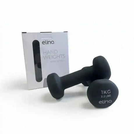 Elina Pilates Neopren-Hanteln 1 kg Kurzhanteln, zwei schwarze Hanteln vor der Verpackung