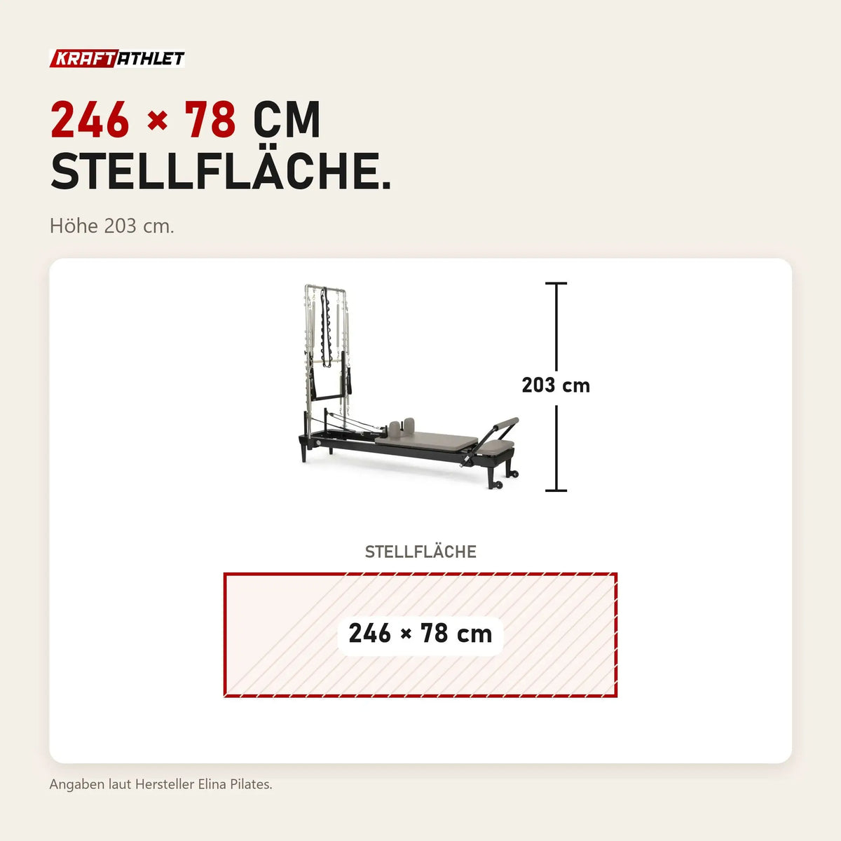 Maßbild Elina Pilates Nubium Black Edition mit Tower: Stellfläche 246 × 78 cm, Höhe 203 cm