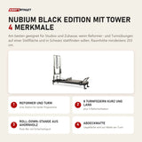 Elina Pilates Nubium Black Edition mit Tower mit 4 Merkmalen: Reformer und Turm, 8 Turmfedern kurz und lang, Roll-Down-Stange aus Ahornholz, Abdeckmatte