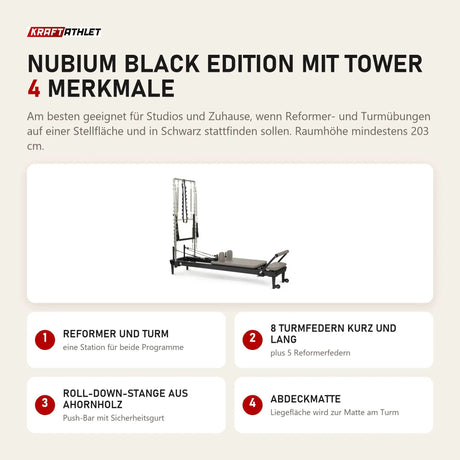 Elina Pilates Nubium Black Edition mit Tower mit 4 Merkmalen: Reformer und Turm, 8 Turmfedern kurz und lang, Roll-Down-Stange aus Ahornholz, Abdeckmatte