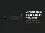 Elina Pilates Nubium Black Edition Reformer aus schwarzem Aluminium vor dunklem Hintergrund mit Produktname