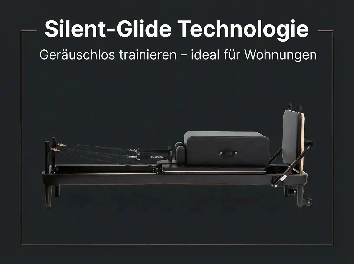 Elina Pilates Nubium Black Edition Reformer aus schwarzem Aluminium in Seitenansicht vor dunklem Hintergrund, Gleitsystem