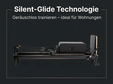 Elina Pilates Nubium Black Edition Reformer aus schwarzem Aluminium in Seitenansicht vor dunklem Hintergrund, Gleitsystem