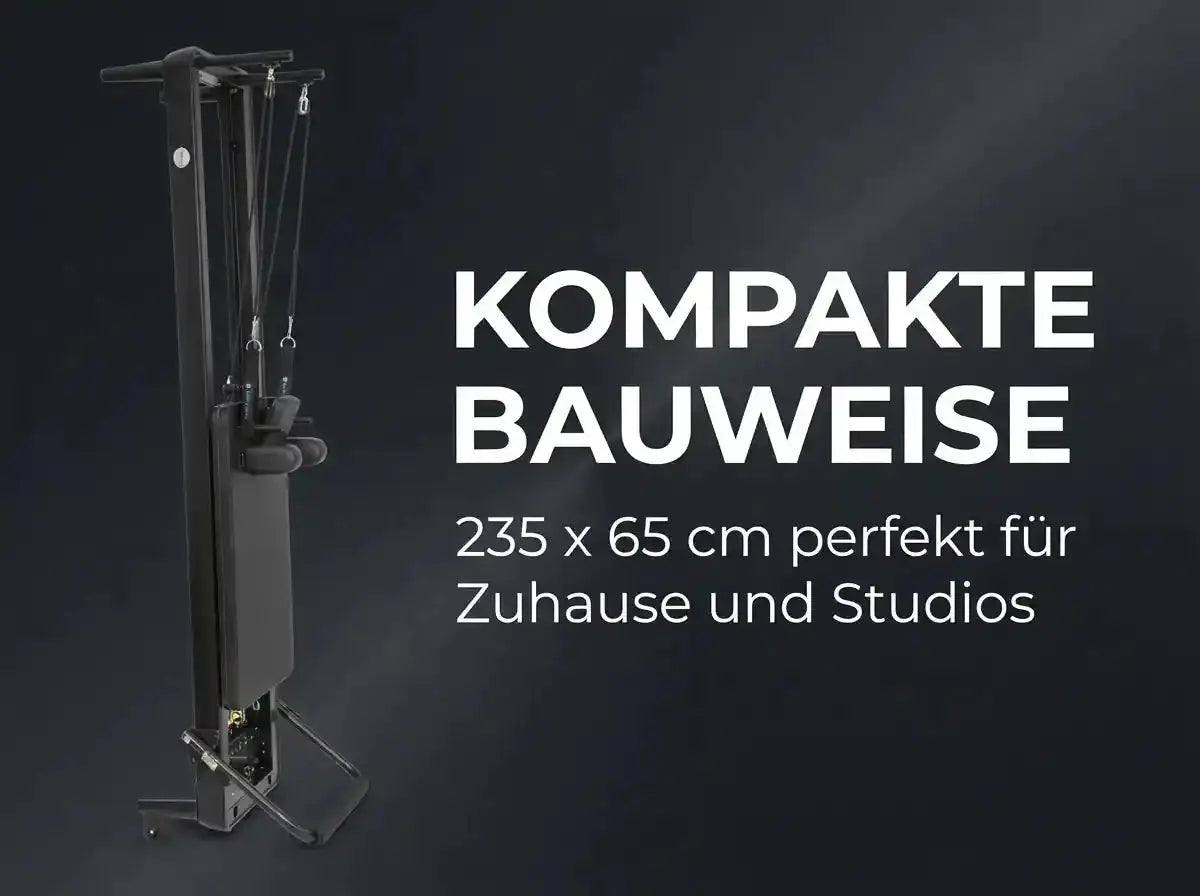 Elina Pilates Nubium Black Edition Reformer aus schwarzem Aluminium hochkant, Hinweis auf kompakte Bauweise 235 × 65 cm