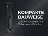 Elina Pilates Nubium Black Edition Reformer aus schwarzem Aluminium hochkant, Hinweis auf kompakte Bauweise 235 × 65 cm
