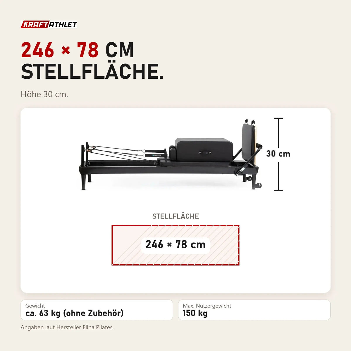 Maßbild Elina Pilates Nubium Black Edition Reformer aus schwarzem Aluminium: Stellfläche 246 × 78 cm, Höhe 30 cm