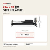 Maßbild Elina Pilates Nubium Black Edition Reformer aus schwarzem Aluminium: Stellfläche 246 × 78 cm, Höhe 30 cm