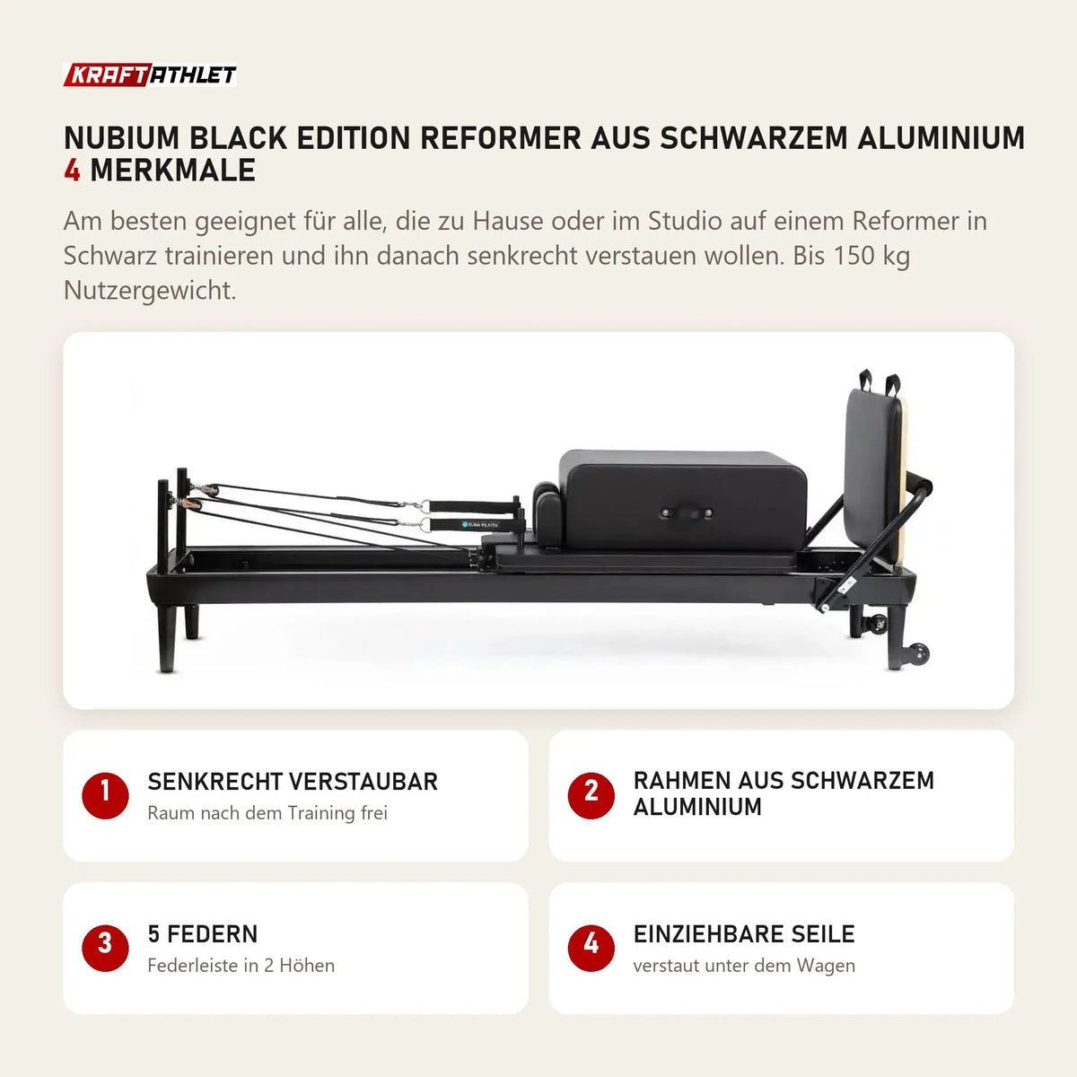 Elina Pilates Nubium Black Edition Reformer aus schwarzem Aluminium mit 4 Merkmalen: Senkrecht verstaubar, Rahmen aus schwarzem Aluminium, 5 Federn, Einziehbare Seile
