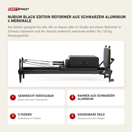 Elina Pilates Nubium Black Edition Reformer aus schwarzem Aluminium mit 4 Merkmalen: Senkrecht verstaubar, Rahmen aus schwarzem Aluminium, 5 Federn, Einziehbare Seile