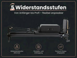 Elina Pilates Nubium Black Edition Reformer aus schwarzem Aluminium vor dunklem Hintergrund mit Widerstandsstufen