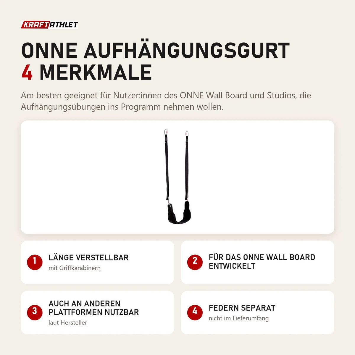 Elina Pilates ONNE Aufhängungsgurt mit 4 Merkmalen: Länge verstellbar, Für das ONNE Wall Board entwickelt, Auch an anderen Plattformen nutzbar, Federn separat