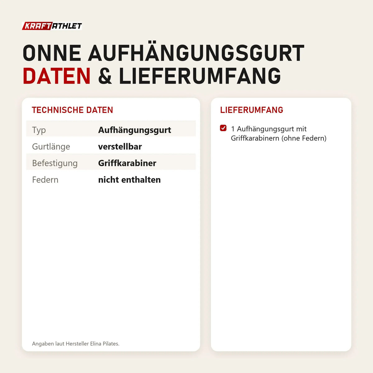 Technische Daten und Lieferumfang von Elina Pilates ONNE Aufhängungsgurt als Tabelle