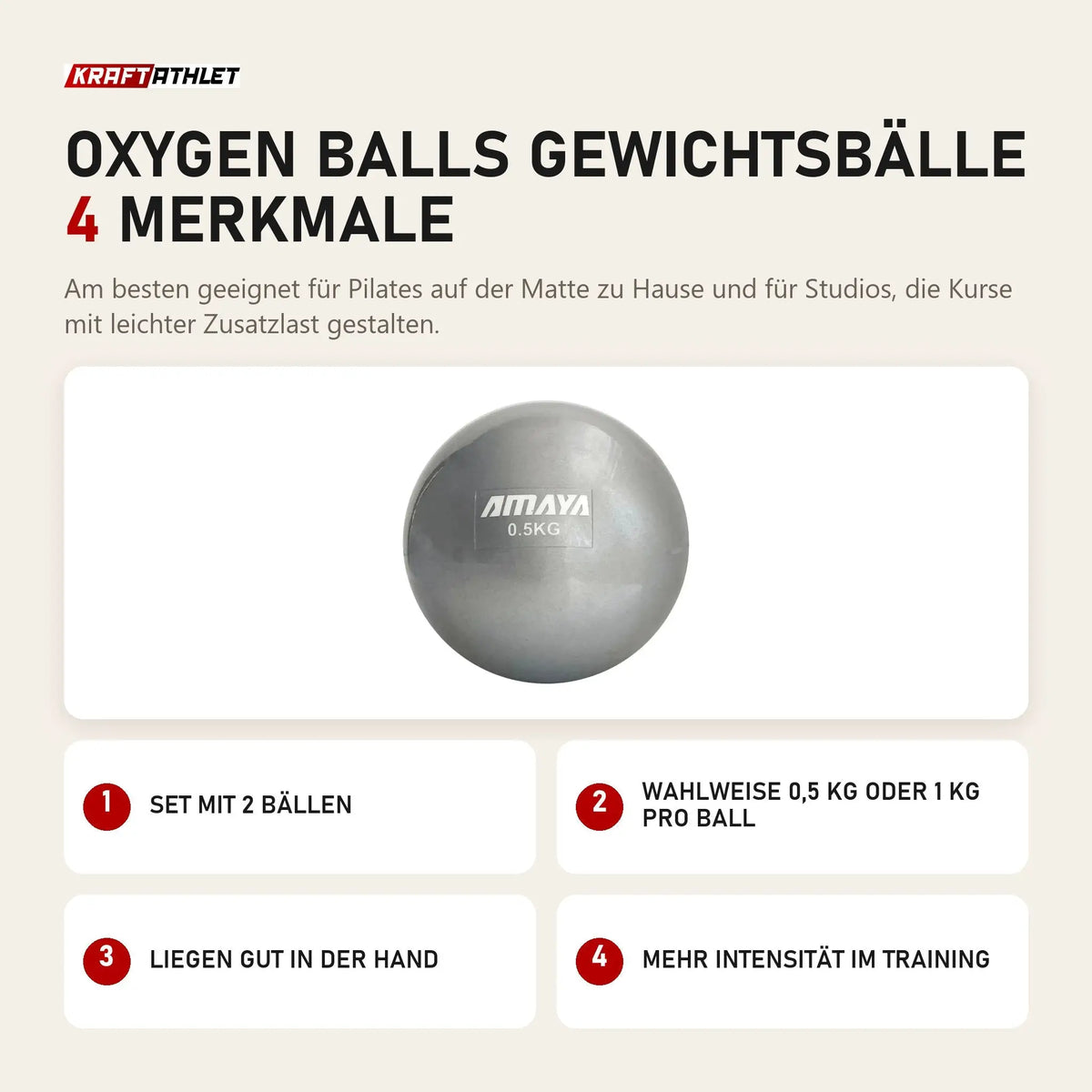 Elina Pilates Oxygen Balls Gewichtsbälle mit 4 Merkmalen: Set mit 2 Bällen, Wahlweise 0,5 kg oder 1 kg pro Ball, Liegen gut in der Hand, Mehr Intensität im Training