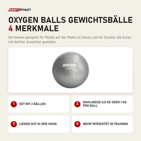 Elina Pilates Oxygen Balls Gewichtsbälle mit 4 Merkmalen: Set mit 2 Bällen, Wahlweise 0,5 kg oder 1 kg pro Ball, Liegen gut in der Hand, Mehr Intensität im Training