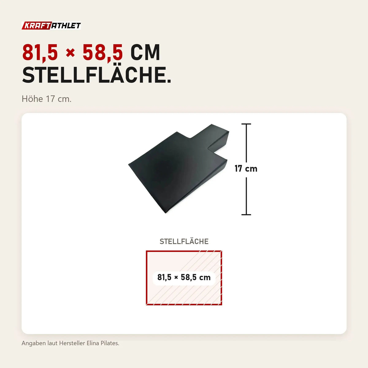 Maßbild Elina Pilates Postural Wedge Lagerungskeil: Stellfläche 81,5 × 58,5 cm, Höhe 17 cm
