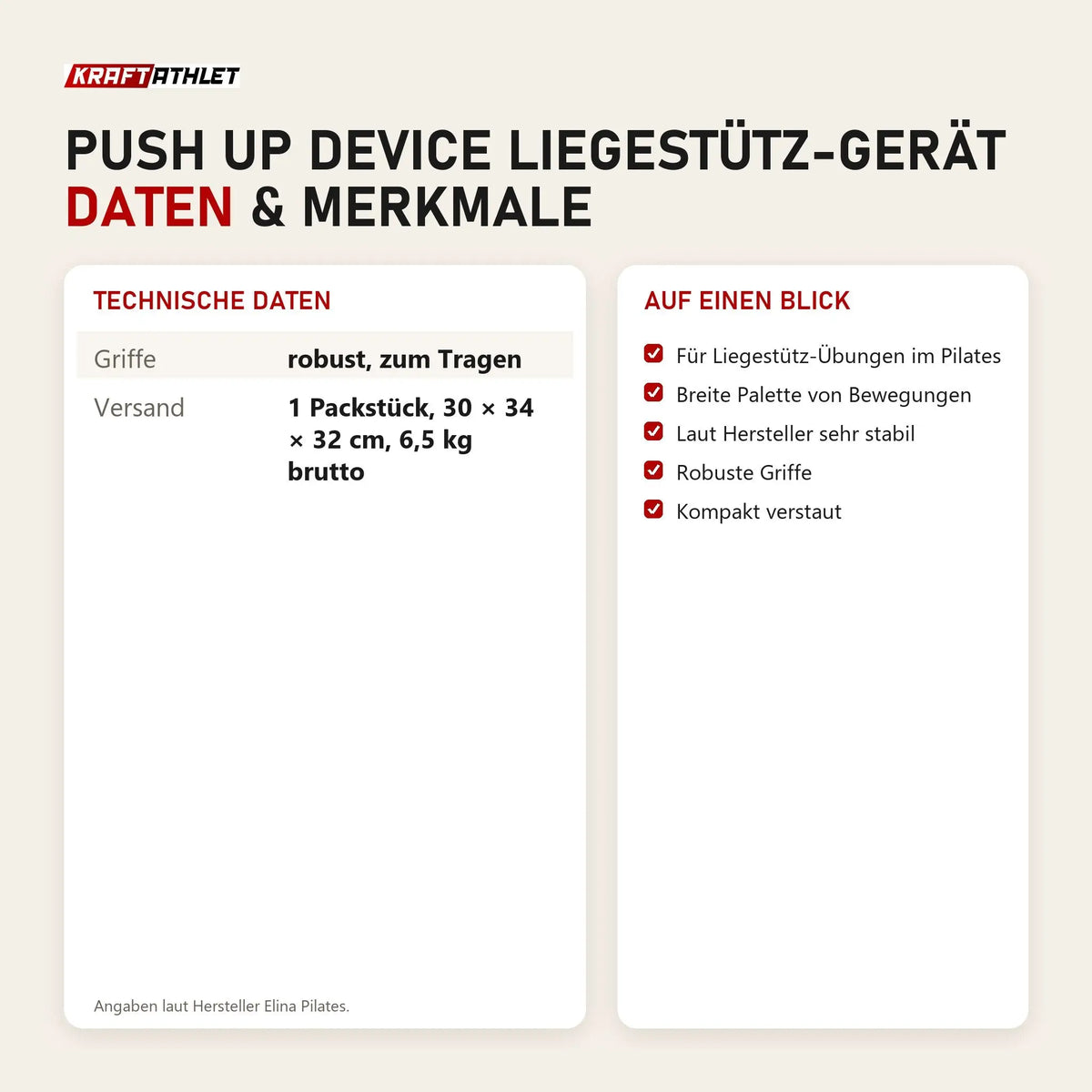 Technische Daten und Merkmale von Elina Pilates Push Up Device Liegestütz-Gerät als Tabelle