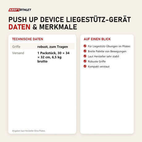 Technische Daten und Merkmale von Elina Pilates Push Up Device Liegestütz-Gerät als Tabelle