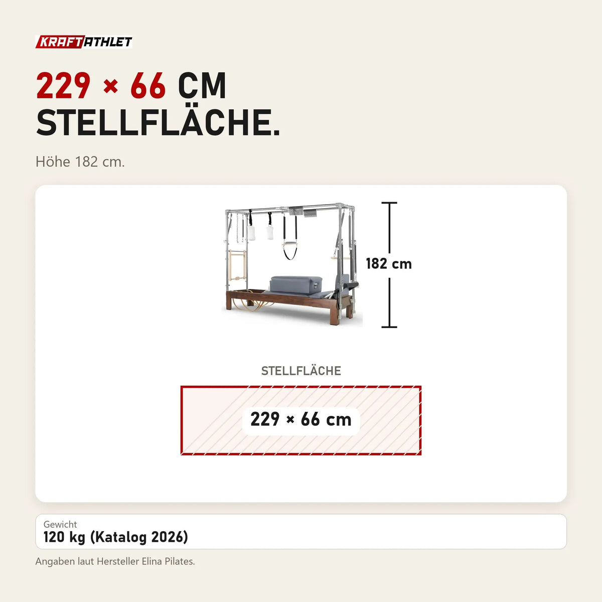 Maßbild Elina Pilates Reformer Cadillac Klassisch Dunkles Holz: Stellfläche 229 × 66 cm, Höhe 182 cm