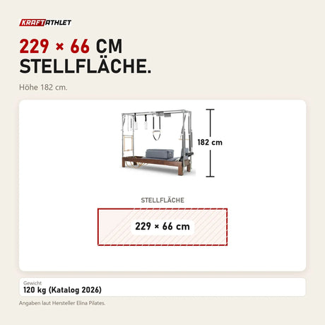 Maßbild Elina Pilates Reformer Cadillac Klassisch Dunkles Holz: Stellfläche 229 × 66 cm, Höhe 182 cm
