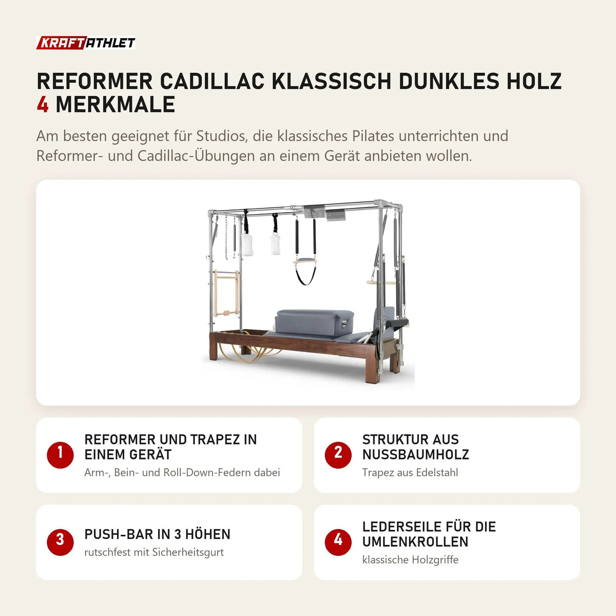 Elina Pilates Reformer Cadillac Klassisch Dunkles Holz mit 4 Merkmalen: Reformer und Trapez in einem Gerät, Struktur aus Nussbaumholz, Push-Bar in 3 Höhen, Lederseile für die Umlenkrollen
