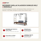 Elina Pilates Reformer Cadillac Klassisch Dunkles Holz mit 4 Merkmalen: Reformer und Trapez in einem Gerät, Struktur aus Nussbaumholz, Push-Bar in 3 Höhen, Lederseile für die Umlenkrollen