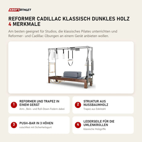 Elina Pilates Reformer Cadillac Klassisch Dunkles Holz mit 4 Merkmalen: Reformer und Trapez in einem Gerät, Struktur aus Nussbaumholz, Push-Bar in 3 Höhen, Lederseile für die Umlenkrollen