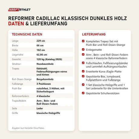 Technische Daten und Lieferumfang von Elina Pilates Reformer Cadillac Klassisch Dunkles Holz als Tabelle