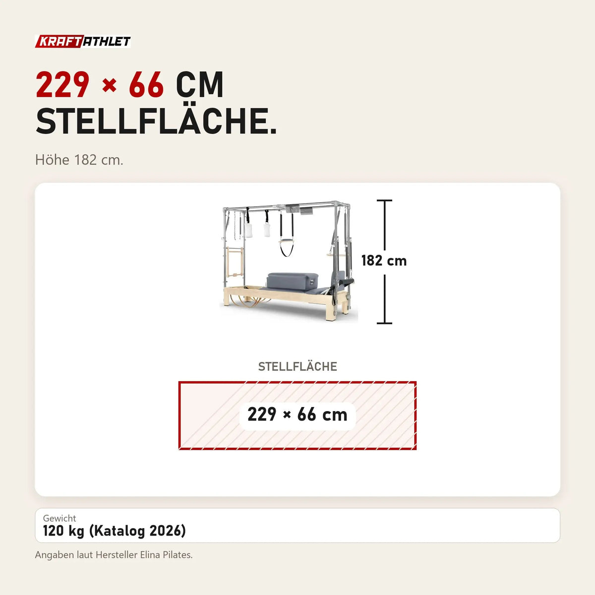Maßbild Elina Pilates Reformer Cadillac Klassisch Naturholz: Stellfläche 229 × 66 cm, Höhe 182 cm