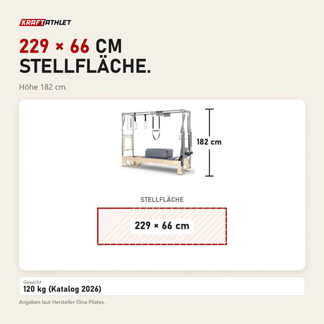 Maßbild Elina Pilates Reformer Cadillac Klassisch Naturholz: Stellfläche 229 × 66 cm, Höhe 182 cm