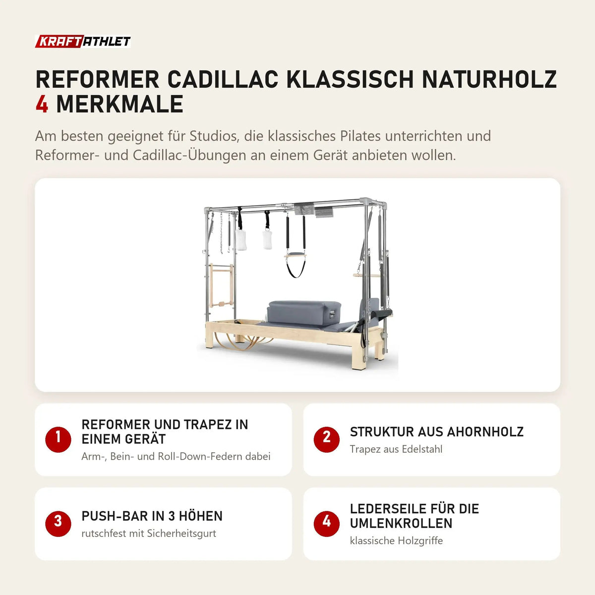 Elina Pilates Reformer Cadillac Klassisch Naturholz mit 4 Merkmalen: Reformer und Trapez in einem Gerät, Struktur aus Ahornholz, Push-Bar in 3 Höhen, Lederseile für die Umlenkrollen