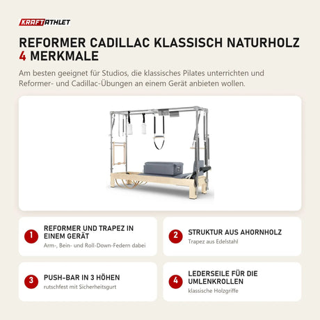 Elina Pilates Reformer Cadillac Klassisch Naturholz mit 4 Merkmalen: Reformer und Trapez in einem Gerät, Struktur aus Ahornholz, Push-Bar in 3 Höhen, Lederseile für die Umlenkrollen