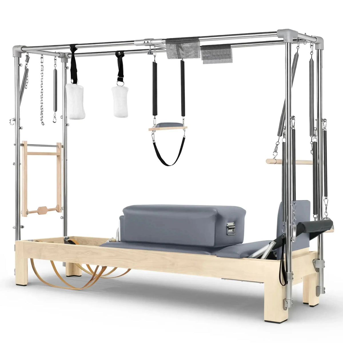 Elina Pilates Reformer Cadillac Klassisch Naturholz, Seitenansicht mit grauen Polstern und Trapez-Rahmen