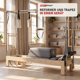 Elina Pilates Reformer Cadillac Klassisch Naturholz in einem hellen Pilates-Studio mit Holz und Leinen