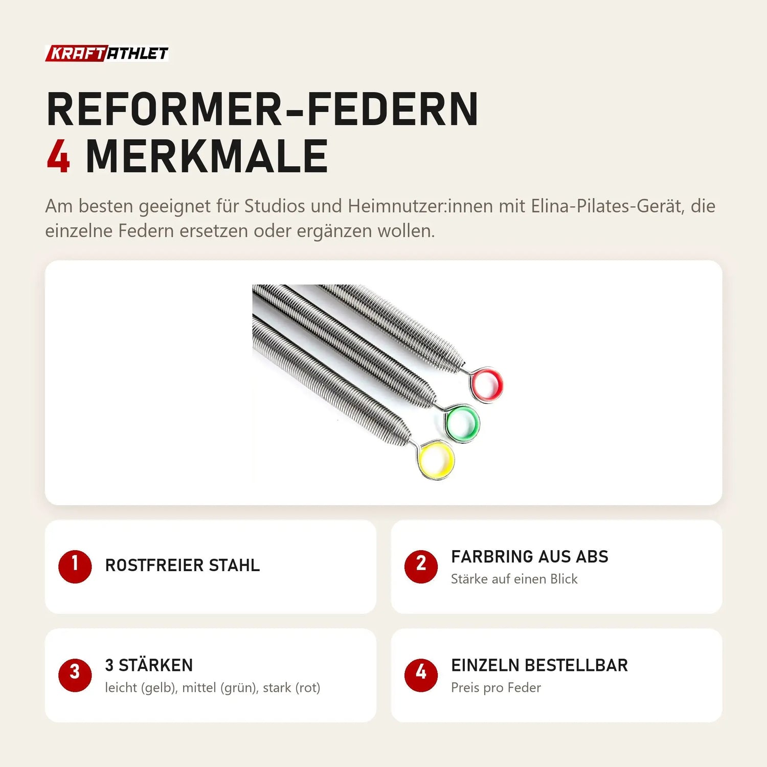 Elina Pilates Reformer-Federn mit 4 Merkmalen: Rostfreier Stahl, Farbring aus ABS, 3 Stärken, Einzeln bestellbar
