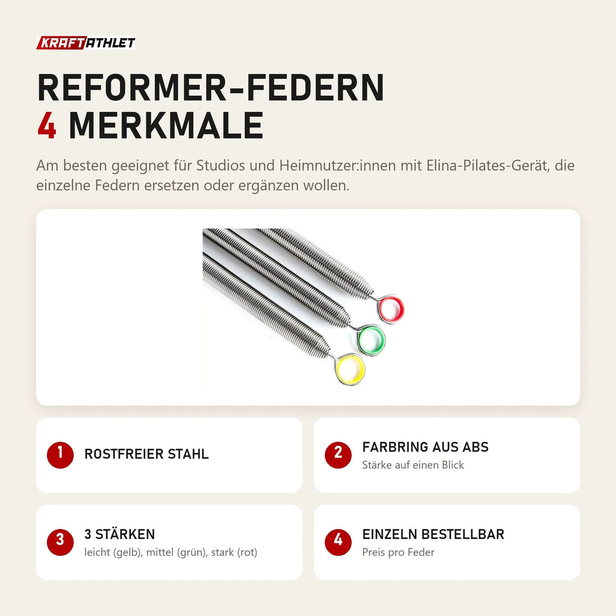 Elina Pilates Reformer-Federn mit 4 Merkmalen: Rostfreier Stahl, Farbring aus ABS, 3 Stärken, Einzeln bestellbar