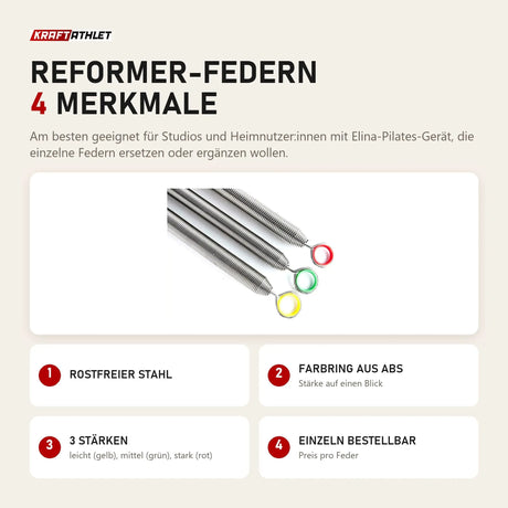 Elina Pilates Reformer-Federn mit 4 Merkmalen: Rostfreier Stahl, Farbring aus ABS, 3 Stärken, Einzeln bestellbar